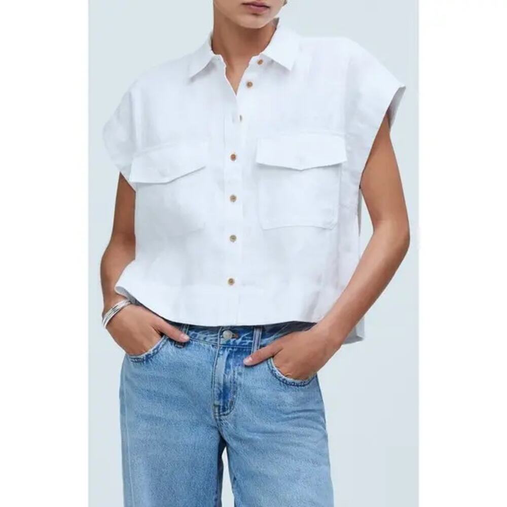Madewell White Flap Pocket Linen Button-up Shirt